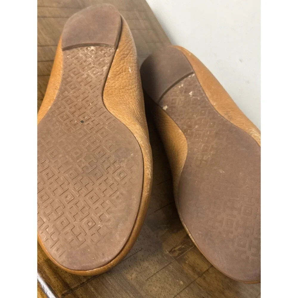 Tory Burch Reva Ballet Flats Women’s 7.5 Brown Tan Leather Gold Logo